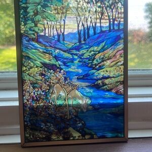 Stained Glass Art Panel with Deer - Blue and Green